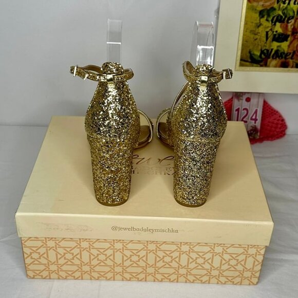 NWB Badgley Mischka Jewel Cook Metallic Gold Glitter Evening Sandals Size 9 - Picture 3 of 11